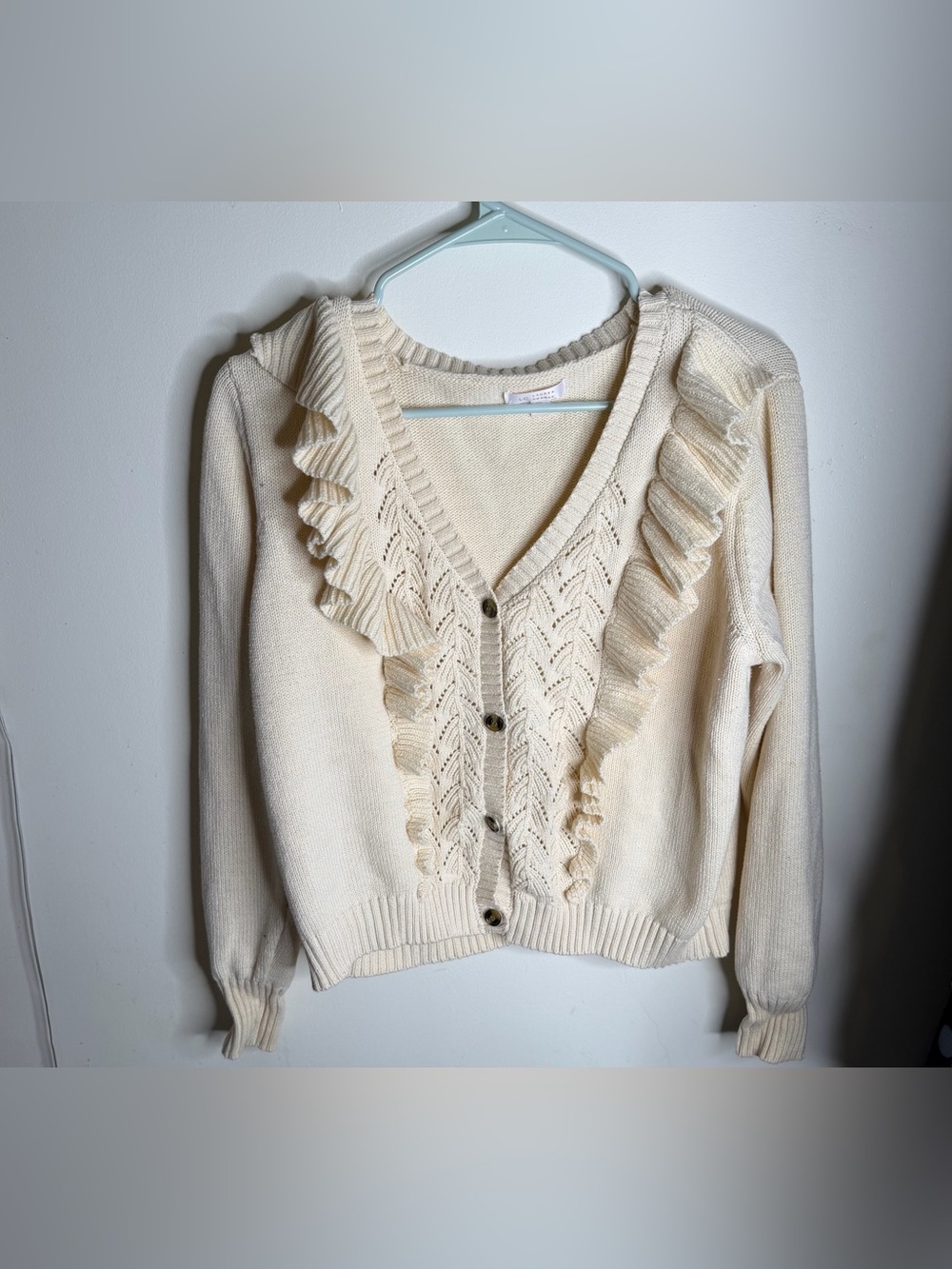LC Lauren Conrad Cream Ruffle V-Neck Button Cardigan